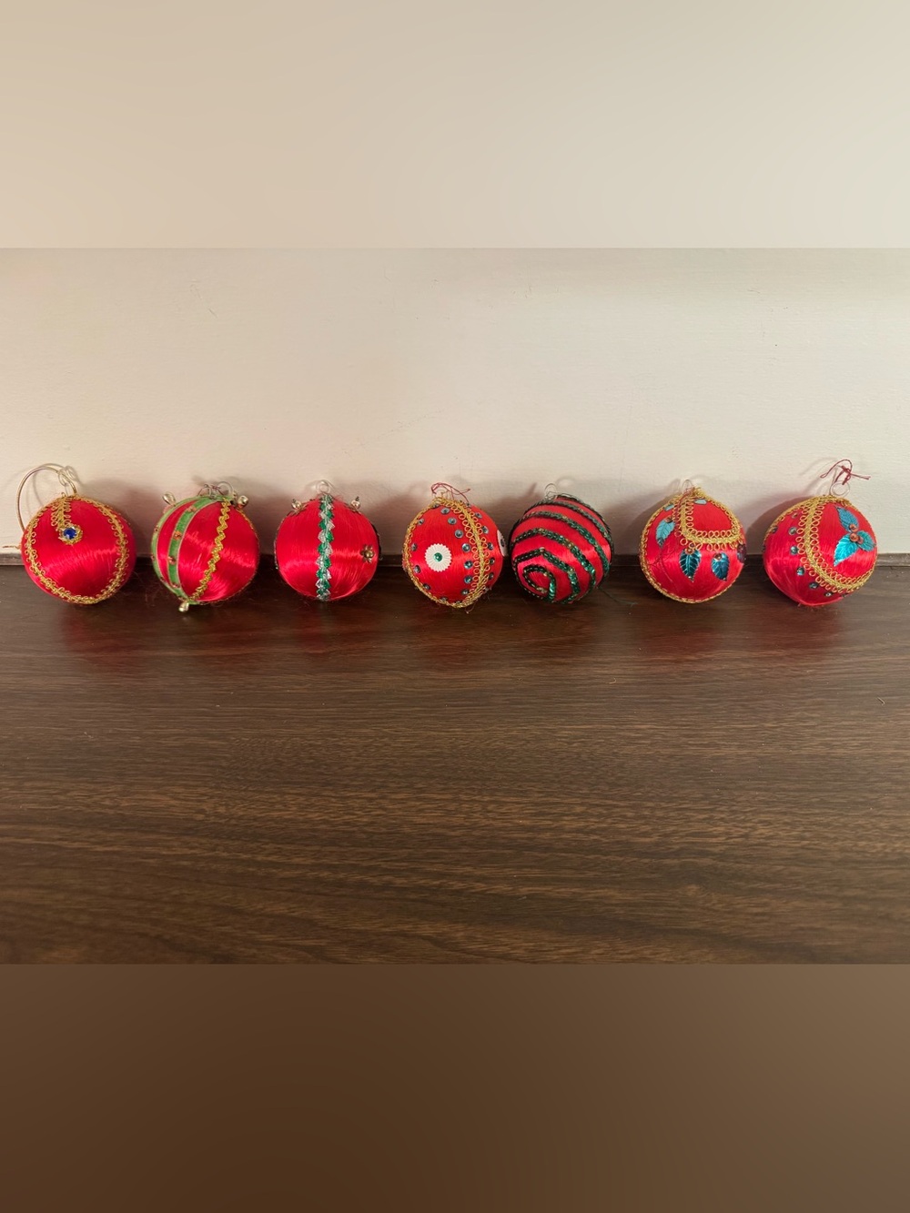 Vintage Handmade Satin Christmas Ball Ornaments Set of 7 Sequins & Gold Trim MCM